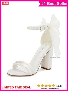 Pearl Satin Block Heel Bridal Sandals Bow Ankle Strap Wedding Shoes
